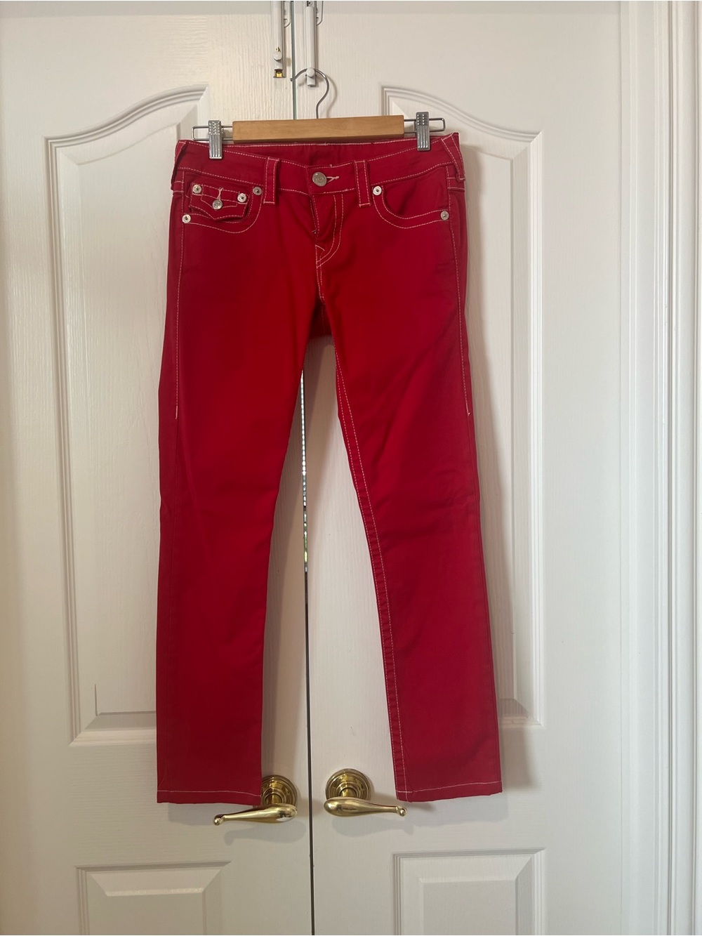 True Religion Red Straight-Leg Jeans with Contrast Stitching